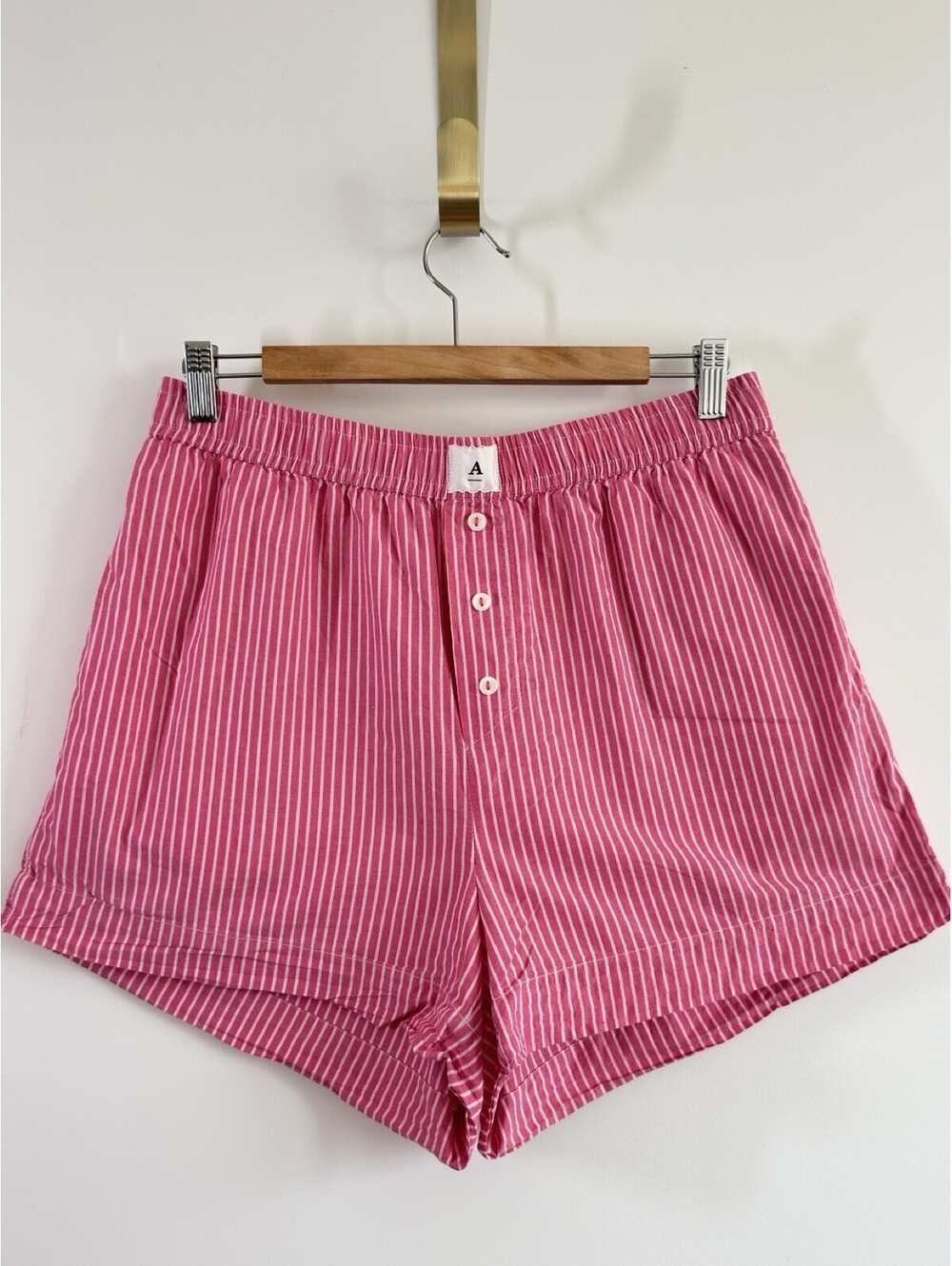 Anthropologie A Pink Stripe Cotton Boxer Shorts Elastic Waist Pockets Size M